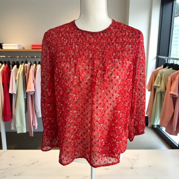 LUCKY BRAND Red Floral 3/4 Sleeve Sheer Blouse Size XS - Picture 1 of 7